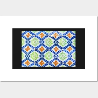 Blue, green, orange and white antique Lisbon tiles Posters and Art